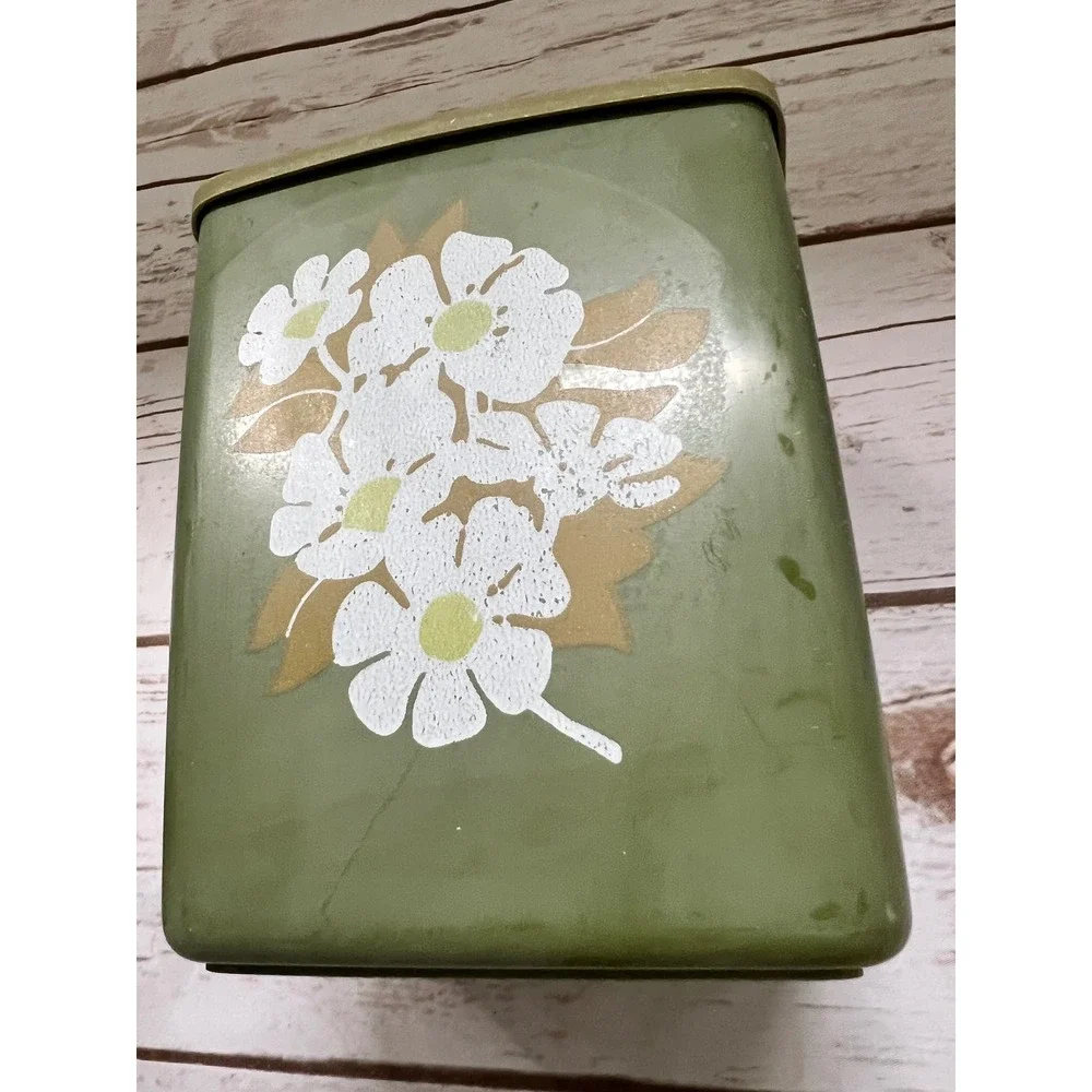 Vintage Plastic Floral Canister Set Avocado Green Retro Daisy 70s Kitchen 2pc